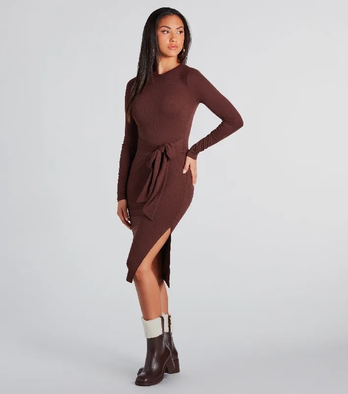 Rain - Resistant Casual Dresses for Wet Weather Stylish Staple Tie-Front Ribbed Knit Midi Dress Rain - Resistant Casual Dresses for Wet Weather Stylish Staple Tie-Front Ribbed Knit Midi Dress