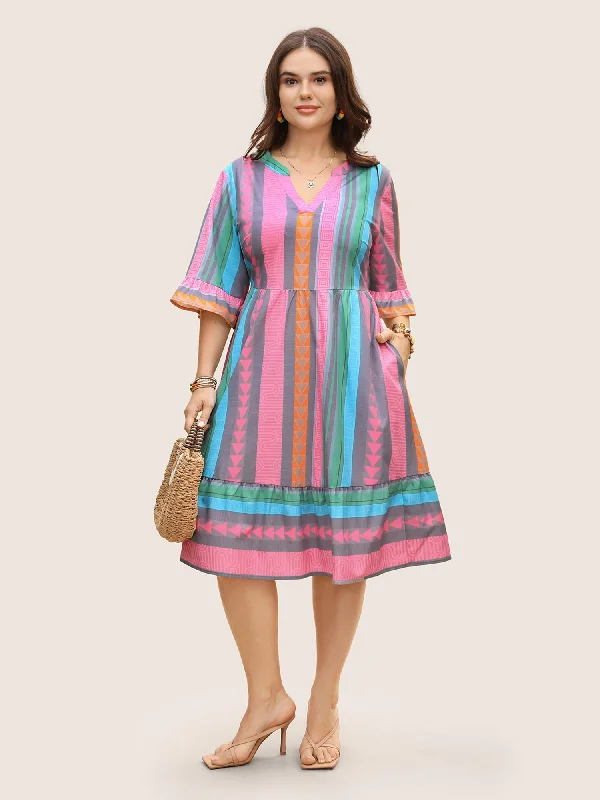 Office - Appropriate Casual Dresses with a Professional Edge Notched Collar Geometric Striped Ruffle Sleeve Dress Office - Appropriate Casual Dresses with a Professional Edge Notched Collar Geometric Striped Ruffle Sleeve Dress