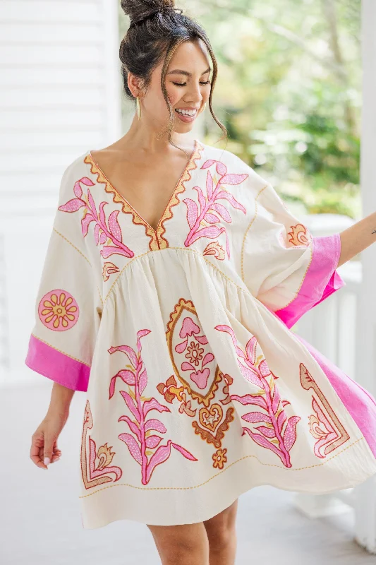 Rayon Casual Dresses for a Soft Feel Just My Type Pink Floral Embroidery Babydoll Dress Rayon Casual Dresses for a Soft Feel Just My Type Pink Floral Embroidery Babydoll Dress