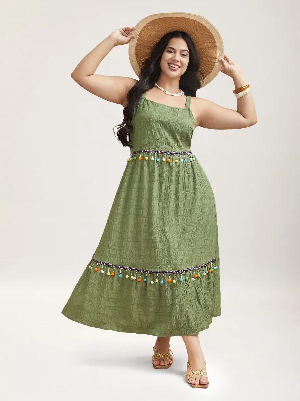 Fall - Style Casual Dresses with Earthy Tones Multi-Color Tassels Textured Tiered Midi Dress Fall - Style Casual Dresses with Earthy Tones Multi-Color Tassels Textured Tiered Midi Dress