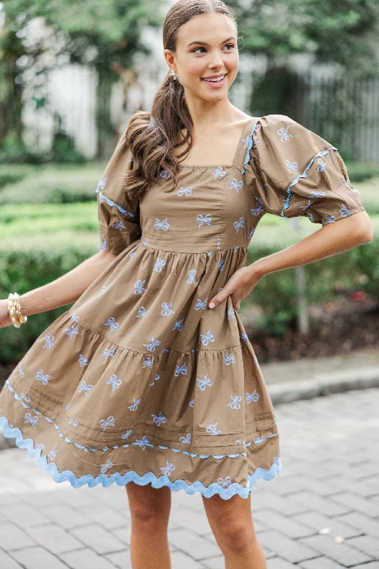 Post - Partum Casual Dresses for New Moms​ The Perfect Day Coffee Brown Bow Print Dress
