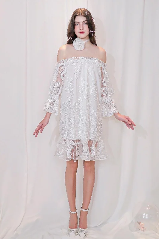 Feathered - Trimmed Casual Dresses for a Dramatic Look Romy Straight Off-Shoulder Lace Above The Knee Dress Feathered - Trimmed Casual Dresses for a Dramatic Look Romy Straight Off-Shoulder Lace Above The Knee Dress