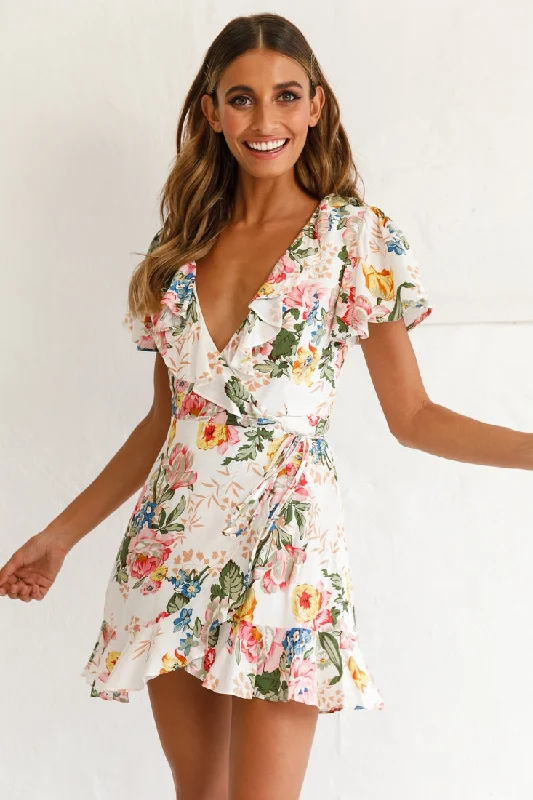 Mini dresses with mesh panels for a sexy and trendy look Love Story Angel Sleeve Wrap Dress Floral Print White Mini dresses with mesh panels for a sexy and trendy look Love Story Angel Sleeve Wrap Dress Floral Print White