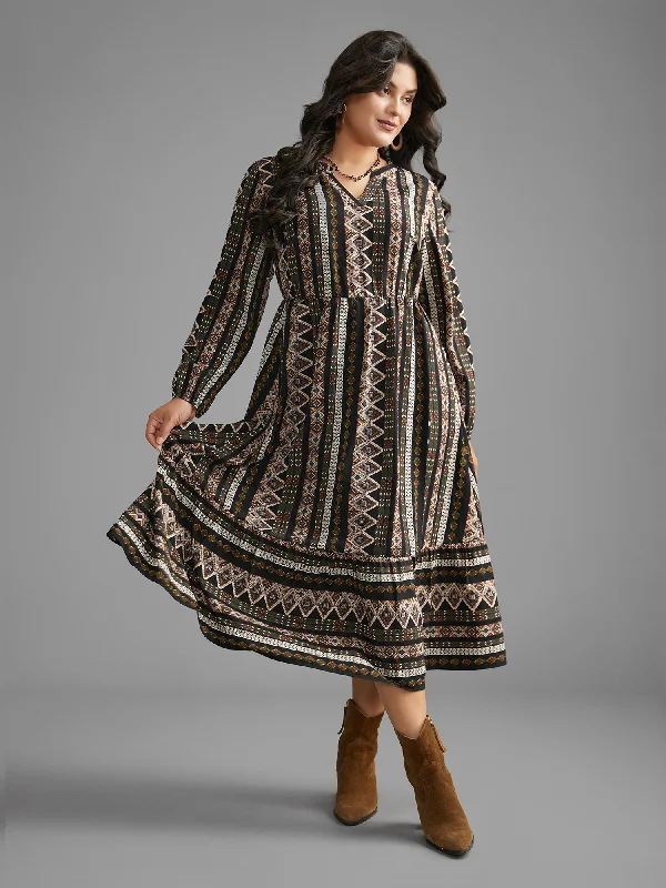 Short - Sleeve Casual Dresses with Printed Graphics​ Bandana Lantern Sleeve Ruffle Hem Dress