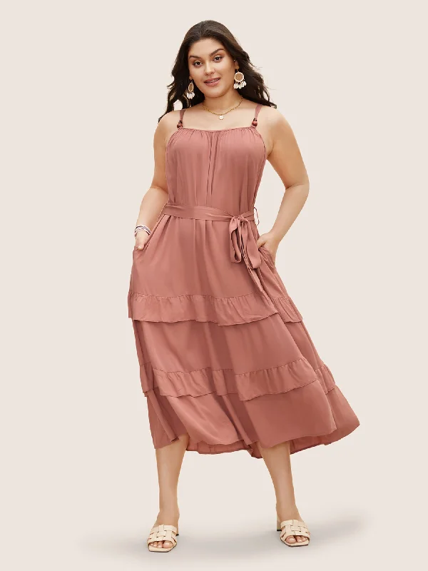 Rayon Casual Dresses for a Soft Feel​ Solid Ruffle Layered Hem Cami Dress