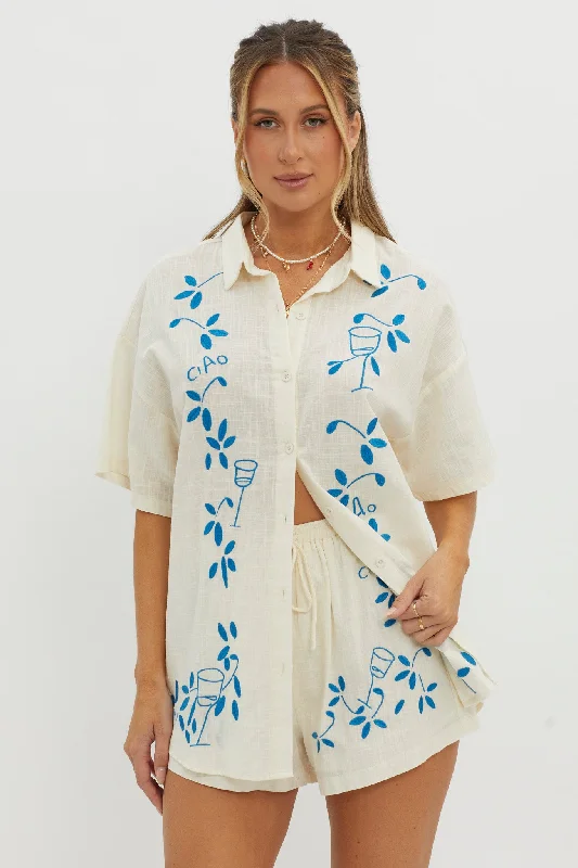 Petite - Sized Casual Dresses for Smaller Frames​ Ciao Ciao Embroidered Button-Up Shirt Beige