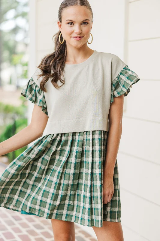 Beaded Casual Dresses for a Decorative Touch​ Reach For It Olive Green Plaid Dress