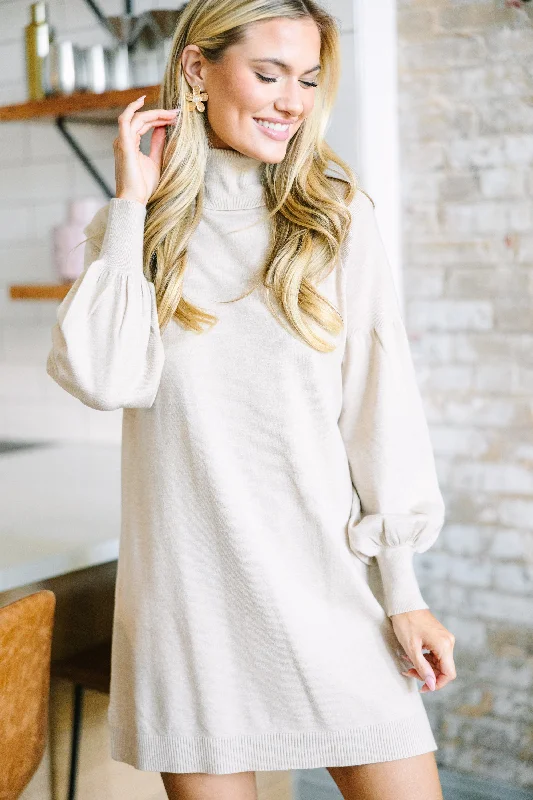 Scarf - Accented Casual Dresses for Added Style Wherever You Go Oatmeal Brown Turtleneck Sweater Dress Scarf - Accented Casual Dresses for Added Style Wherever You Go Oatmeal Brown Turtleneck Sweater Dress