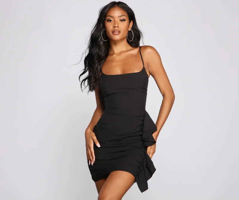 Mini dresses with pom - pom trims for a playful feel Frilly And Flirty Ruffled Mini Dress Mini dresses with pom - pom trims for a playful feel Frilly And Flirty Ruffled Mini Dress