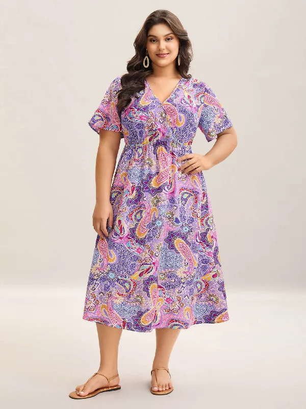 Home - Wear Casual Dresses for Comfort at Home Sweet Paisley Print Pockets Stretchy Midi Dress Home - Wear Casual Dresses for Comfort at Home Sweet Paisley Print Pockets Stretchy Midi Dress