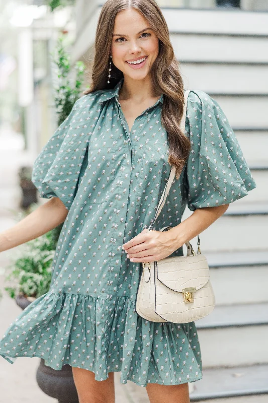 Metallic - Accented Casual Dresses for a Shiny Finish Aureum: Set You Free Eucalyptus Green Floral Dress Metallic - Accented Casual Dresses for a Shiny Finish Aureum: Set You Free Eucalyptus Green Floral Dress