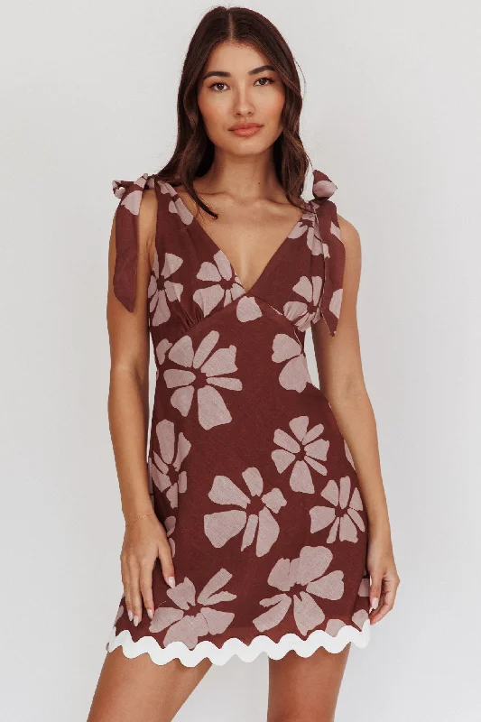 Detachable - Sleeve Casual Dresses for Versatility Mykonos Morning Tied Shoulder Mini Dress Floral Brown Detachable - Sleeve Casual Dresses for Versatility Mykonos Morning Tied Shoulder Mini Dress Floral Brown