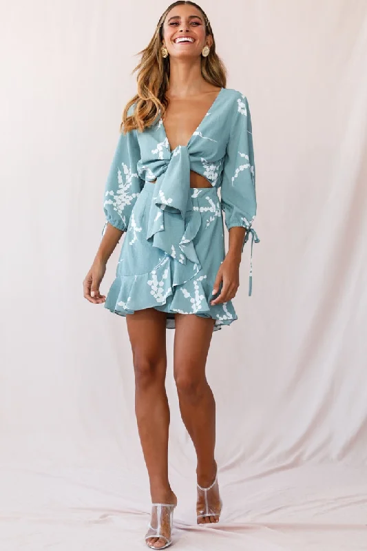 Mini dresses with embroidered details for a unique touch Stavroulla Tie-Front Three Quarter Sleeve Dress Sage