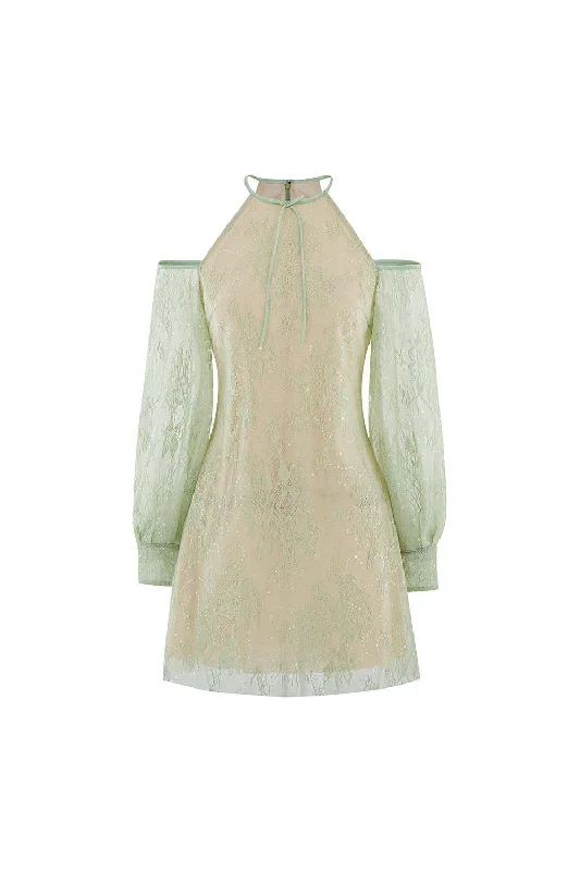 Button - Front Casual Dresses with Decorative Buttons Claire Straight Cold Shoulder Sleeved Lace Mini Dress Button - Front Casual Dresses with Decorative Buttons Claire Straight Cold Shoulder Sleeved Lace Mini Dress