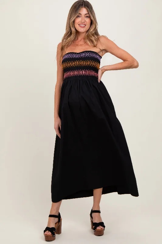 Upcycled Casual Dresses for an Eco - Conscious Choice Black Embroidered Strapless Smocked Bodice Flared Maternity Midi Dress Upcycled Casual Dresses for an Eco - Conscious Choice Black Embroidered Strapless Smocked Bodice Flared Maternity Midi Dress