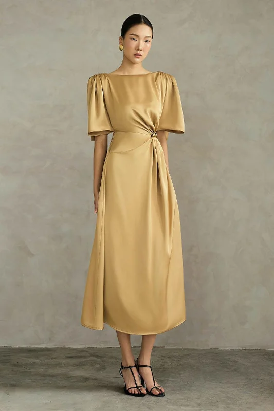 Detachable - Sleeve Casual Dresses for Versatility Coralie A-line Boat Neck Silk Midi Dress Detachable - Sleeve Casual Dresses for Versatility Coralie A-line Boat Neck Silk Midi Dress