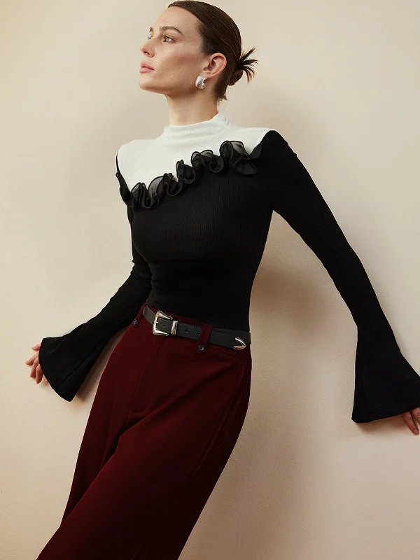 Short - Sleeve Casual Dresses with Printed Graphics​ Romance Stand Collar Ruffle T-Shirt