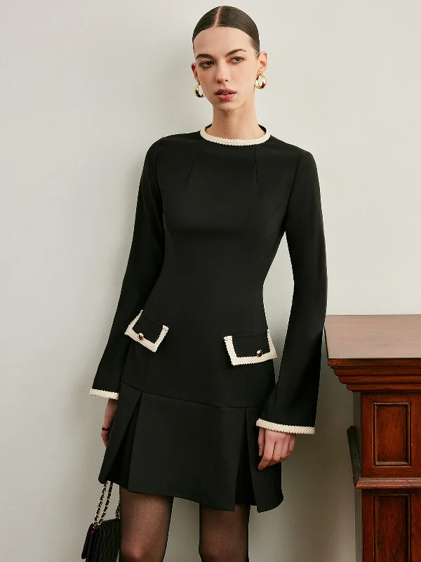 Tie - Waist Casual Dresses for Adjustable Fit Contrast Trim Bell Sleeve Pleated Zipper Dress Tie - Waist Casual Dresses for Adjustable Fit Contrast Trim Bell Sleeve Pleated Zipper Dress