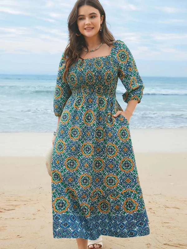 Fall - Style Casual Dresses with Earthy Tones Ornate Print Shirred Stretchy Waist Midi Dress Fall - Style Casual Dresses with Earthy Tones Ornate Print Shirred Stretchy Waist Midi Dress