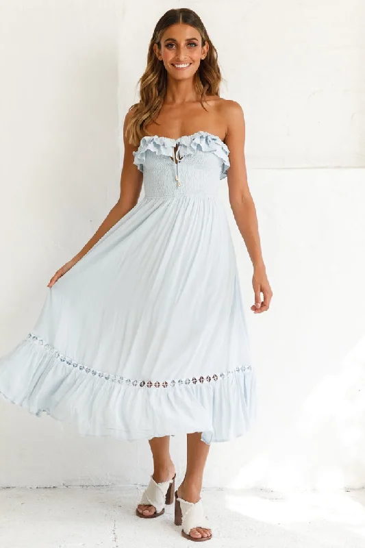 Ruffled mini dresses for a romantic touch Daydream Shirred Bust Frill Trim Maxi Dress Ice Blue Ruffled mini dresses for a romantic touch Daydream Shirred Bust Frill Trim Maxi Dress Ice Blue