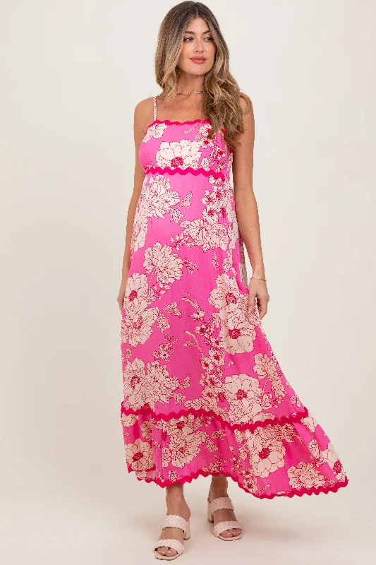 Linen Casual Dresses for Breathability Fuchsia Floral Wavy Trim Maternity Maxi Dress Linen Casual Dresses for Breathability Fuchsia Floral Wavy Trim Maternity Maxi Dress