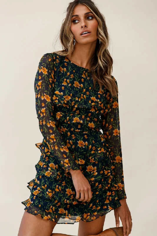 Mini dresses with cold - shoulder designs Charmaine Long Sleeve Tiered Frill Dress Floral Print Navy Mini dresses with cold - shoulder designs Charmaine Long Sleeve Tiered Frill Dress Floral Print Navy