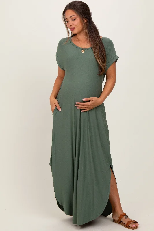 Two - Piece Casual Dresses for a Modular Look Light Olive Round Hem Side Slit Maternity Maxi Dress Two - Piece Casual Dresses for a Modular Look Light Olive Round Hem Side Slit Maternity Maxi Dress