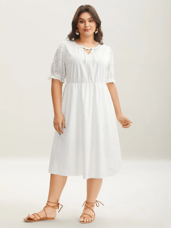 Linen Casual Dresses for Breathability​ Textured Eyelet Sleeve Pockets Midi Dress