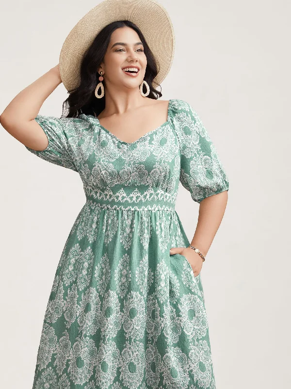 Polyester - Cotton Blend Casual Dresses​ Boho Print Waist Defining Midi Dress