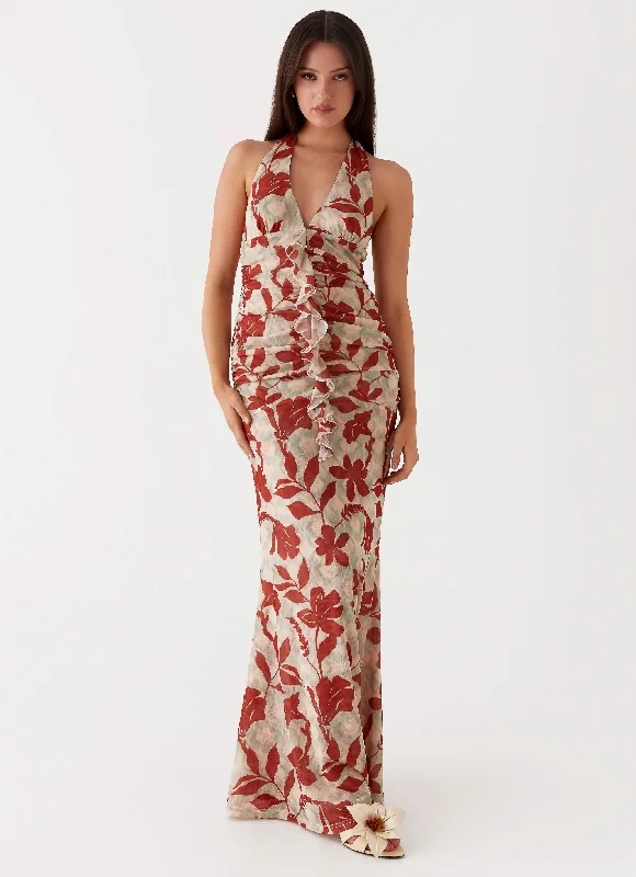 Scarf - Accented Casual Dresses for Added Style Ardenia Halter Maxi Dress - Red Green Floral Scarf - Accented Casual Dresses for Added Style Ardenia Halter Maxi Dress - Red Green Floral
