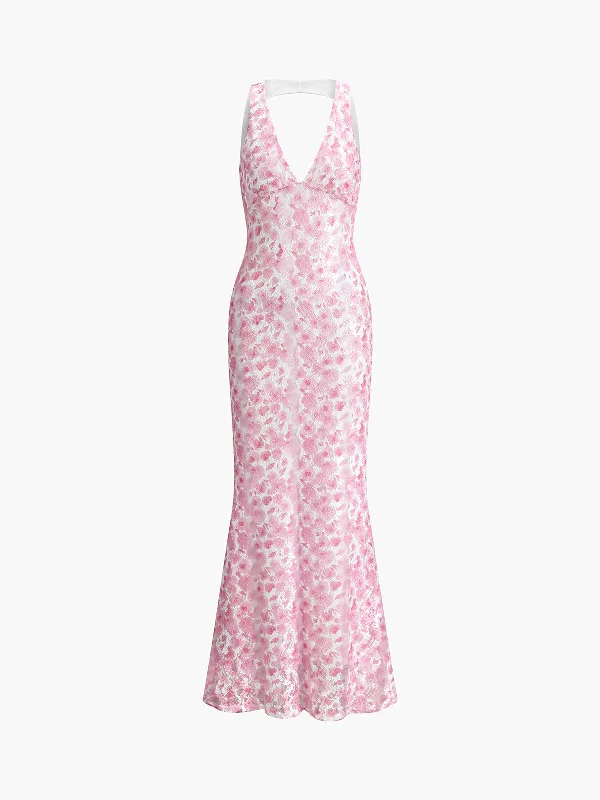 Zip - Front Casual Dresses for Easy On and Off Cherry Blossom Halter Backless Long Dress Zip - Front Casual Dresses for Easy On and Off Cherry Blossom Halter Backless Long Dress