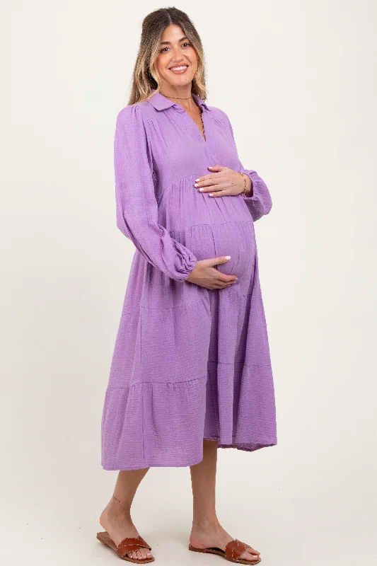 A - Line Casual Dresses for a Flattering Silhouette​ Lavender Light Weight Collared Tiered Maternity Midi Dress