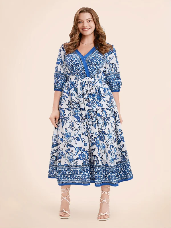 Rain - Resistant Casual Dresses for Wet Weather Bandana Print Surplice Neck Lantern Sleeve Pocket Belted Midi Dress Rain - Resistant Casual Dresses for Wet Weather Bandana Print Surplice Neck Lantern Sleeve Pocket Belted Midi Dress