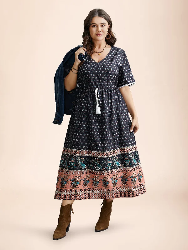 Mini Casual Dresses with Ruffled Hem​ Boho Print Tassel-Tie Pockets Midi Dress