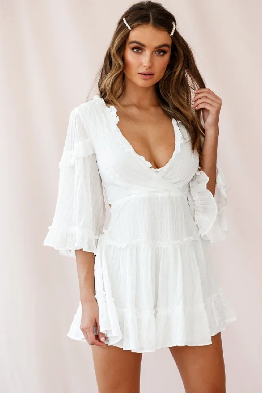 Mini dresses with tassel accents for a fun touch Albany Lace Up Back Frill Dress Puckered Fabric White Mini dresses with tassel accents for a fun touch Albany Lace Up Back Frill Dress Puckered Fabric White