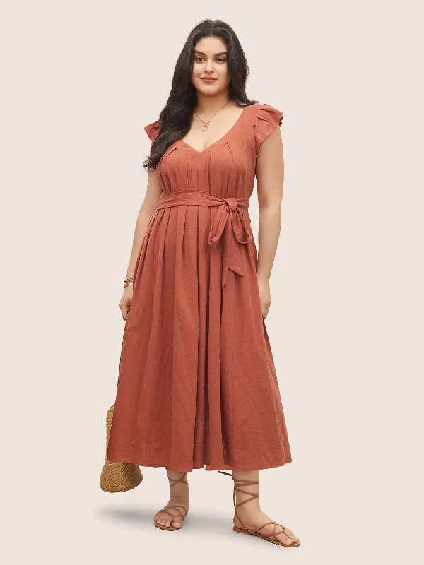 Floral Printed Casual Dresses for Summer Solid Flounce Sleeve Plicated Detail A Line Dress Floral Printed Casual Dresses for Summer Solid Flounce Sleeve Plicated Detail A Line Dress