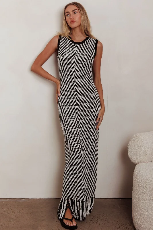 Mini Casual Dresses with Ruffled Hem​ Same Place Fringed Knit Maxi Dress Black