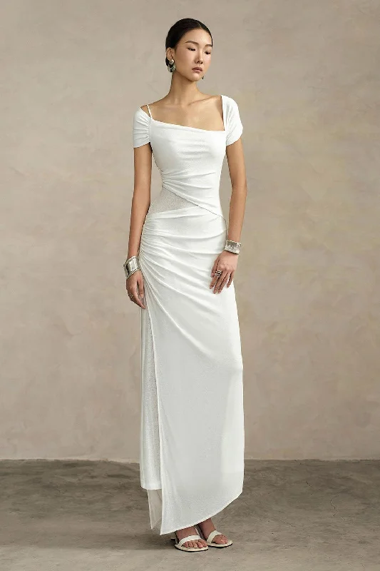 Embroidered Casual Dresses with Intricate Designs Ivory Sheath Asymmetric Neck Knit Floor Length Dress Embroidered Casual Dresses with Intricate Designs Ivory Sheath Asymmetric Neck Knit Floor Length Dress
