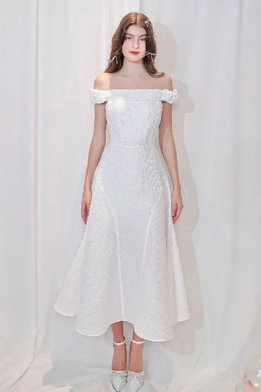 Custom - Made Casual Dresses for a Personalized Fit Angel Fit and Flare Off-Shoulder Foam Synthetic Midi Dress Custom - Made Casual Dresses for a Personalized Fit Angel Fit and Flare Off-Shoulder Foam Synthetic Midi Dress