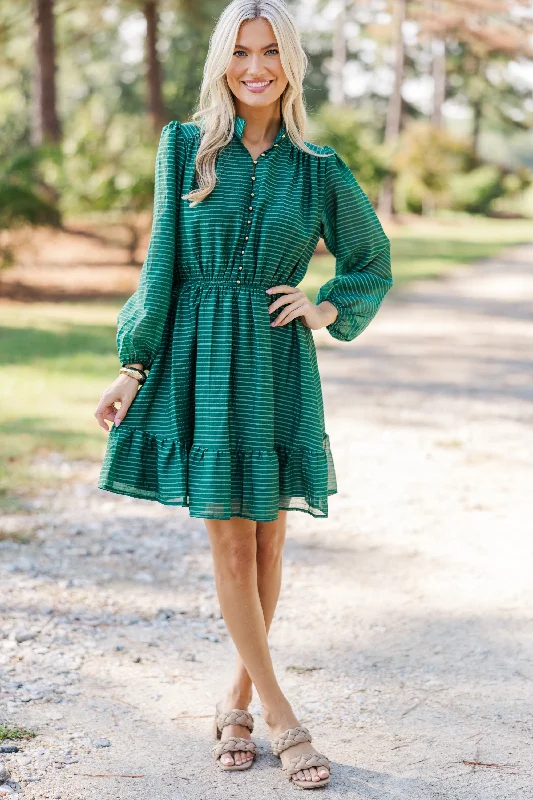 Cotton - Linen Blend Casual Dresses​ Great Days Ahead Hunter Green Striped Dress