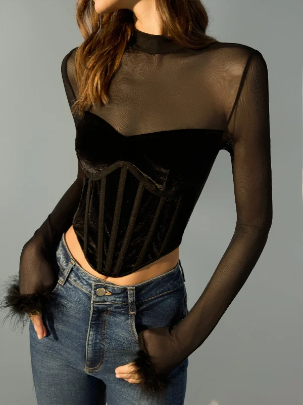 Brand - Specific Casual Dresses from Popular Labels Sheer Mesh Panel Velvet Crop T-Shirt Brand - Specific Casual Dresses from Popular Labels Sheer Mesh Panel Velvet Crop T-Shirt
