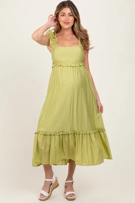Office - Appropriate Casual Dresses with a Professional Edge Lime Ruffle Strap Square Neck Maternity Midi Dress Office - Appropriate Casual Dresses with a Professional Edge Lime Ruffle Strap Square Neck Maternity Midi Dress