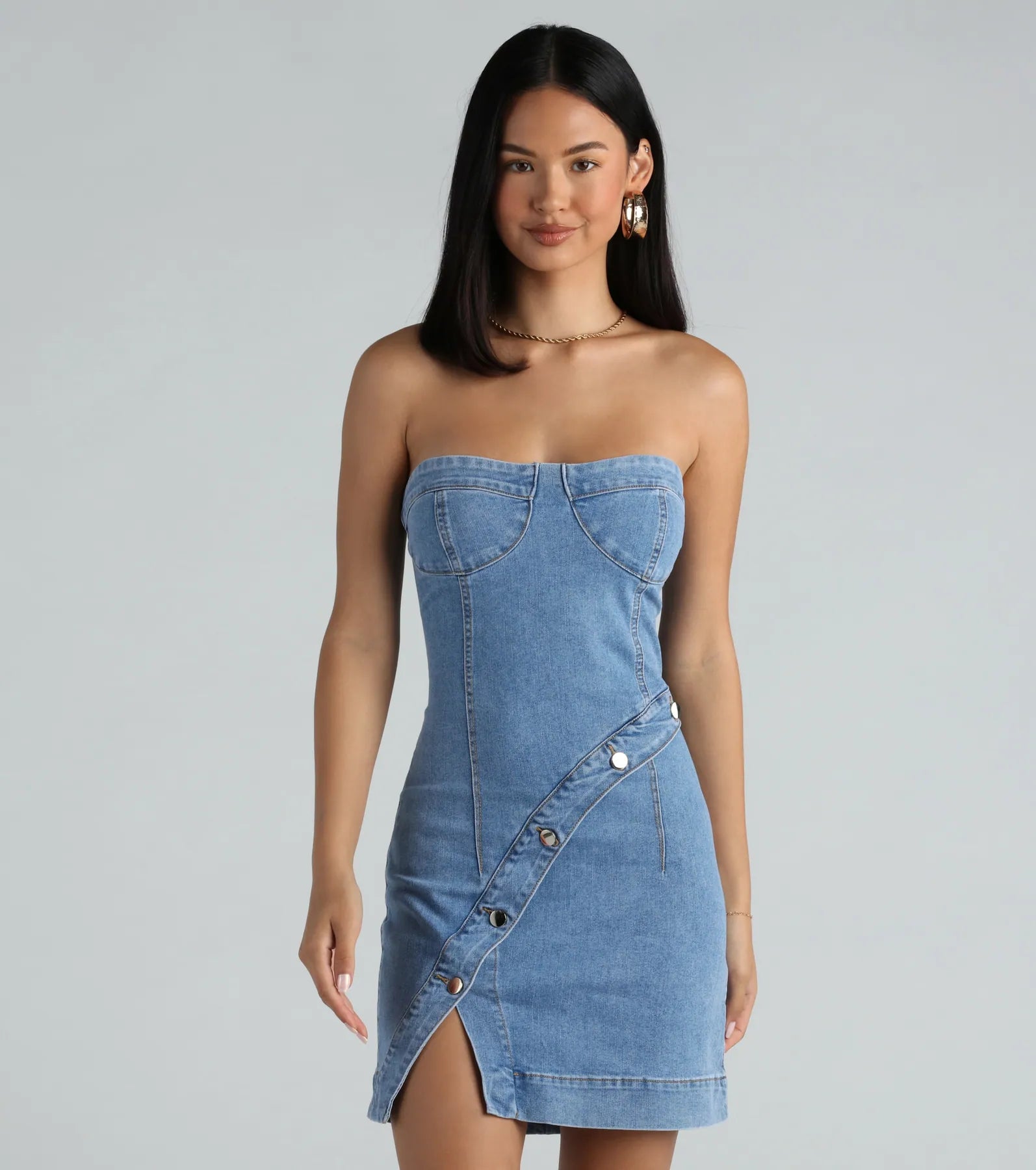 Brand - Specific Casual Dresses from Popular Labels Button Up Babe Denim Strapless Mini Dress Brand - Specific Casual Dresses from Popular Labels Button Up Babe Denim Strapless Mini Dress