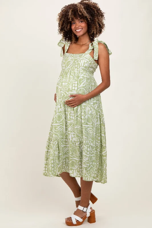 Summer - Appropriate Casual Dresses in Lightweight Materials Light Olive Printed Tie Strap Tiered Maternity Midi Dress Summer - Appropriate Casual Dresses in Lightweight Materials Light Olive Printed Tie Strap Tiered Maternity Midi Dress