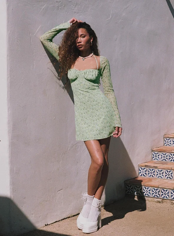 Cotton mini dresses for a comfortable everyday option Dyer Sheer Sleeve Mini Dress Green Floral Cotton mini dresses for a comfortable everyday option Dyer Sheer Sleeve Mini Dress Green Floral
