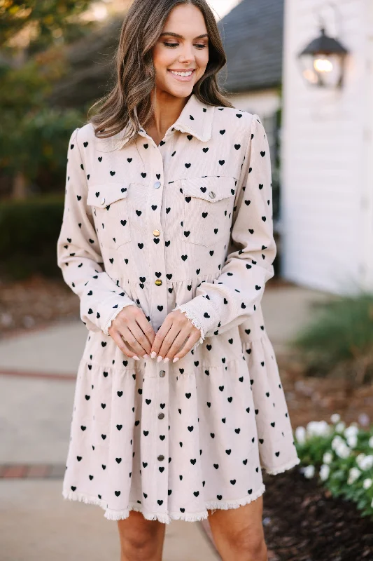 Solid Color Casual Dresses in Earth Tones Just So You Oatmeal Brown Heart Print Babydoll Dress Solid Color Casual Dresses in Earth Tones Just So You Oatmeal Brown Heart Print Babydoll Dress