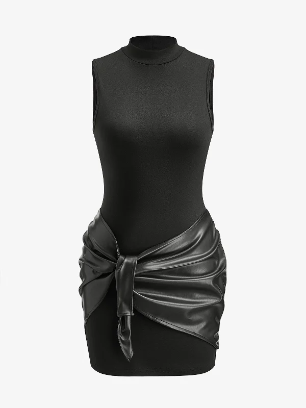 Denim - Patchwork Casual Dresses for a Unique Design Stand Collar Faux Leather Ruched Panel Dress Denim - Patchwork Casual Dresses for a Unique Design Stand Collar Faux Leather Ruched Panel Dress