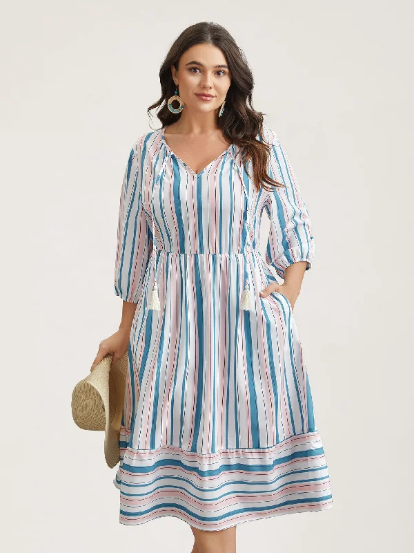 Stretchable Casual Dresses for a Flexible Fit Stretchy Striped Tassels Tiered Midi Dress Stretchable Casual Dresses for a Flexible Fit Stretchy Striped Tassels Tiered Midi Dress