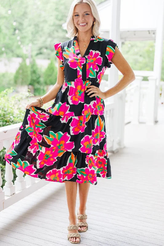 Off - Shoulder Casual Dresses for a Feminine Touch Created Beauty Black Floral Midi Dress Off - Shoulder Casual Dresses for a Feminine Touch Created Beauty Black Floral Midi Dress