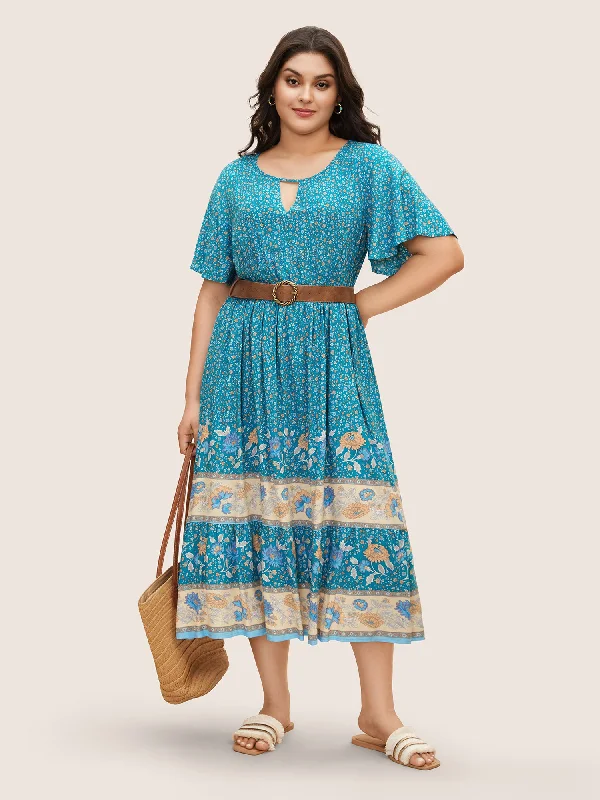 Mini Casual Dresses with Ruffled Hem​ Bandana Keyhole Ruffle Sleeve Midi Dress